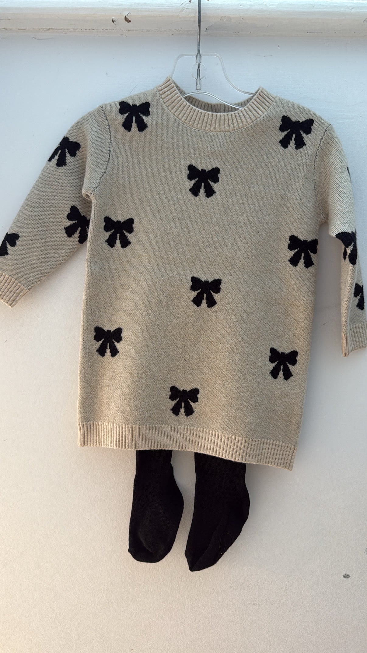 Oatmeal Bow Dress with Tights