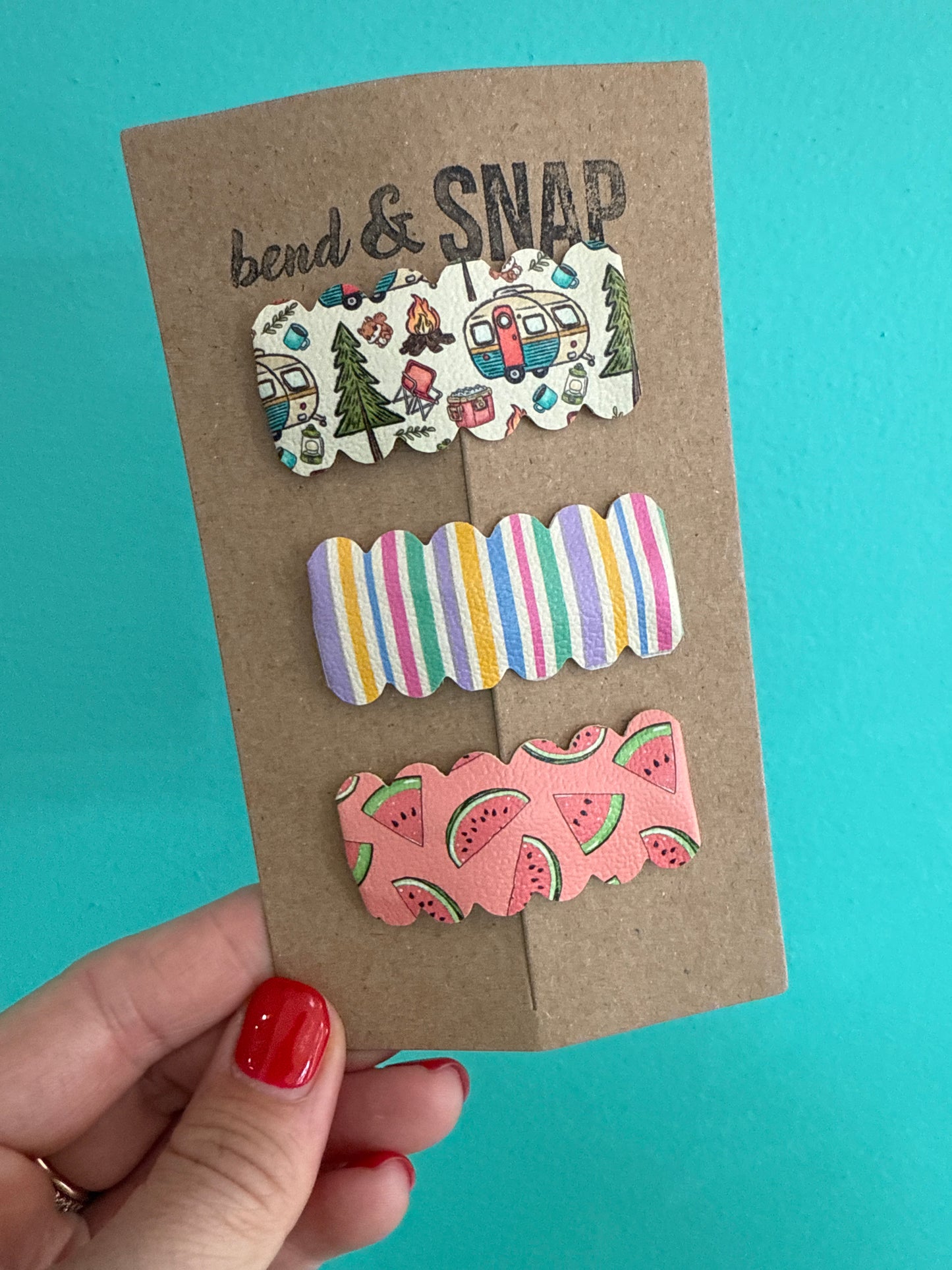 Camping-Stripes-Watermelon Snap Clips 3 Pack