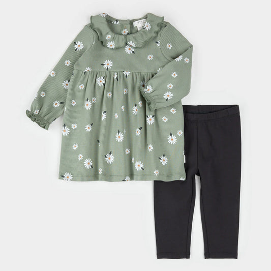 Daisy Print on Sage Green Ribbed Dress Set