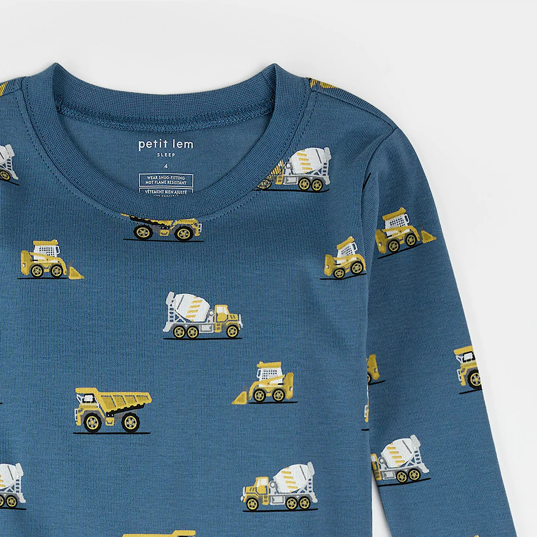 Construction Truck Print on Cobalt Blue PJ Set