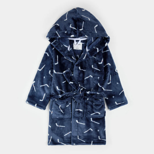 Hockey Sticks Print on Navy Blue Plush Robe