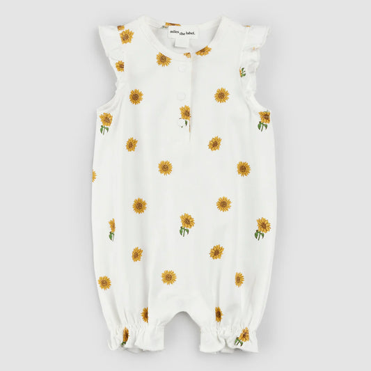 Sunflower Print on Off-White Ruffled Romper