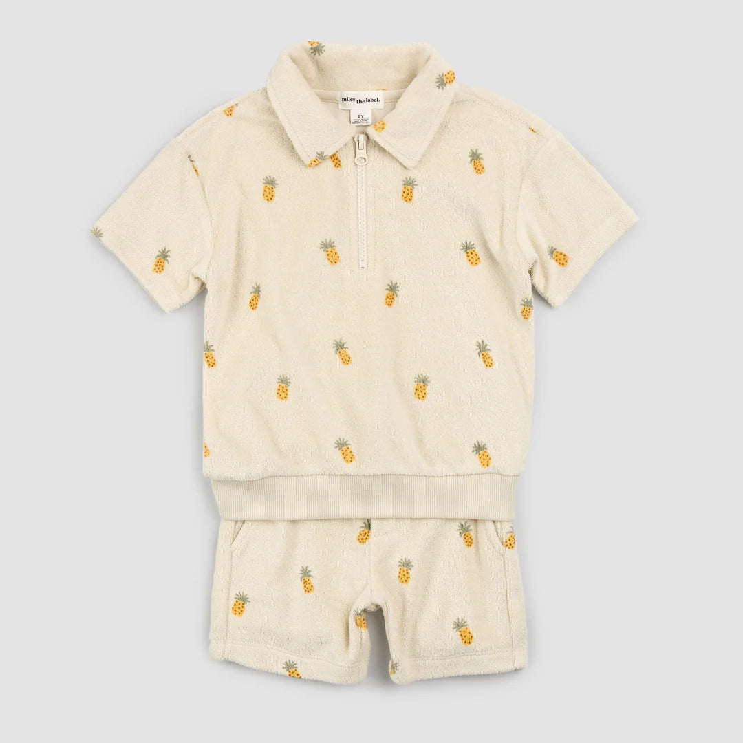 Baby Pineapple Print Half-Zip Polo Shorts Terry Cloth Set