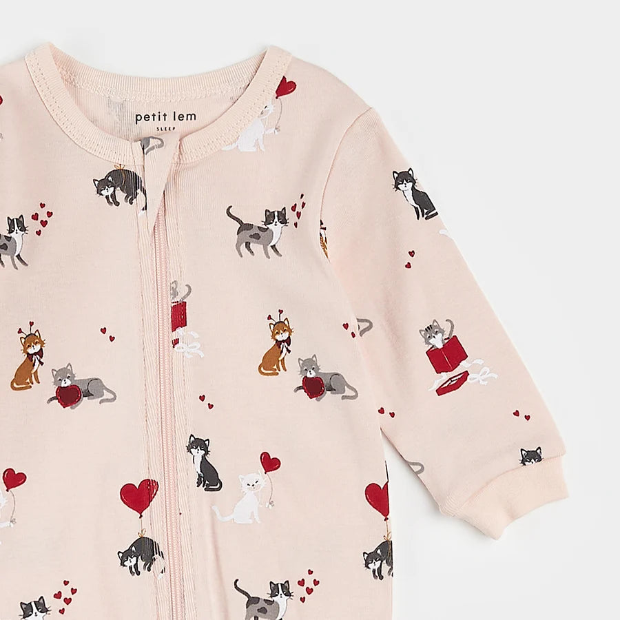 Meowentine Print on Silver Peony Footed Sleeper