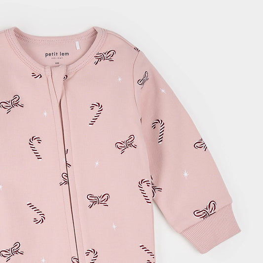 Candy Cane Dreams Print on Rose Fleece Playsuit