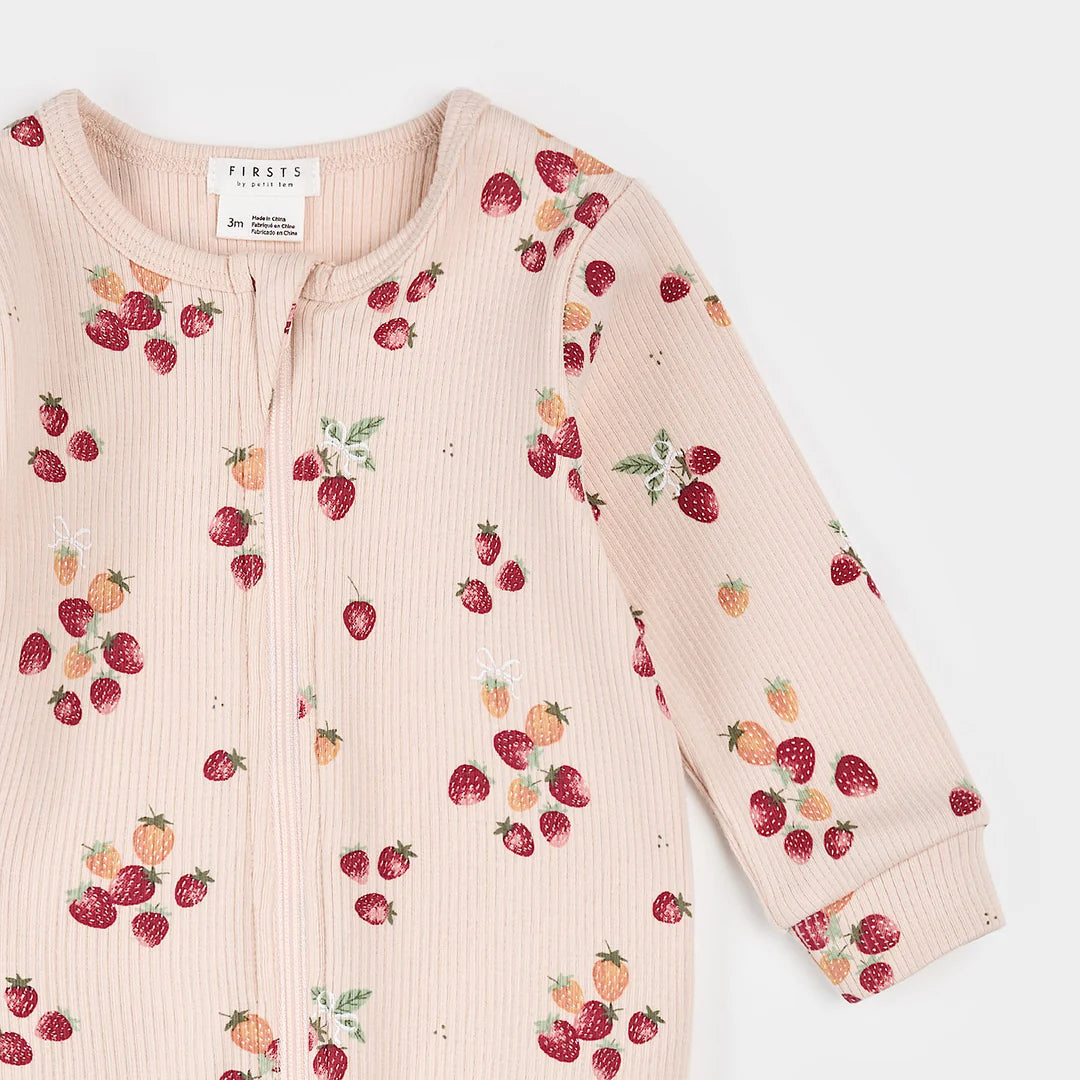 Strawberry Print on Soft Pink Ribbed Sleeper