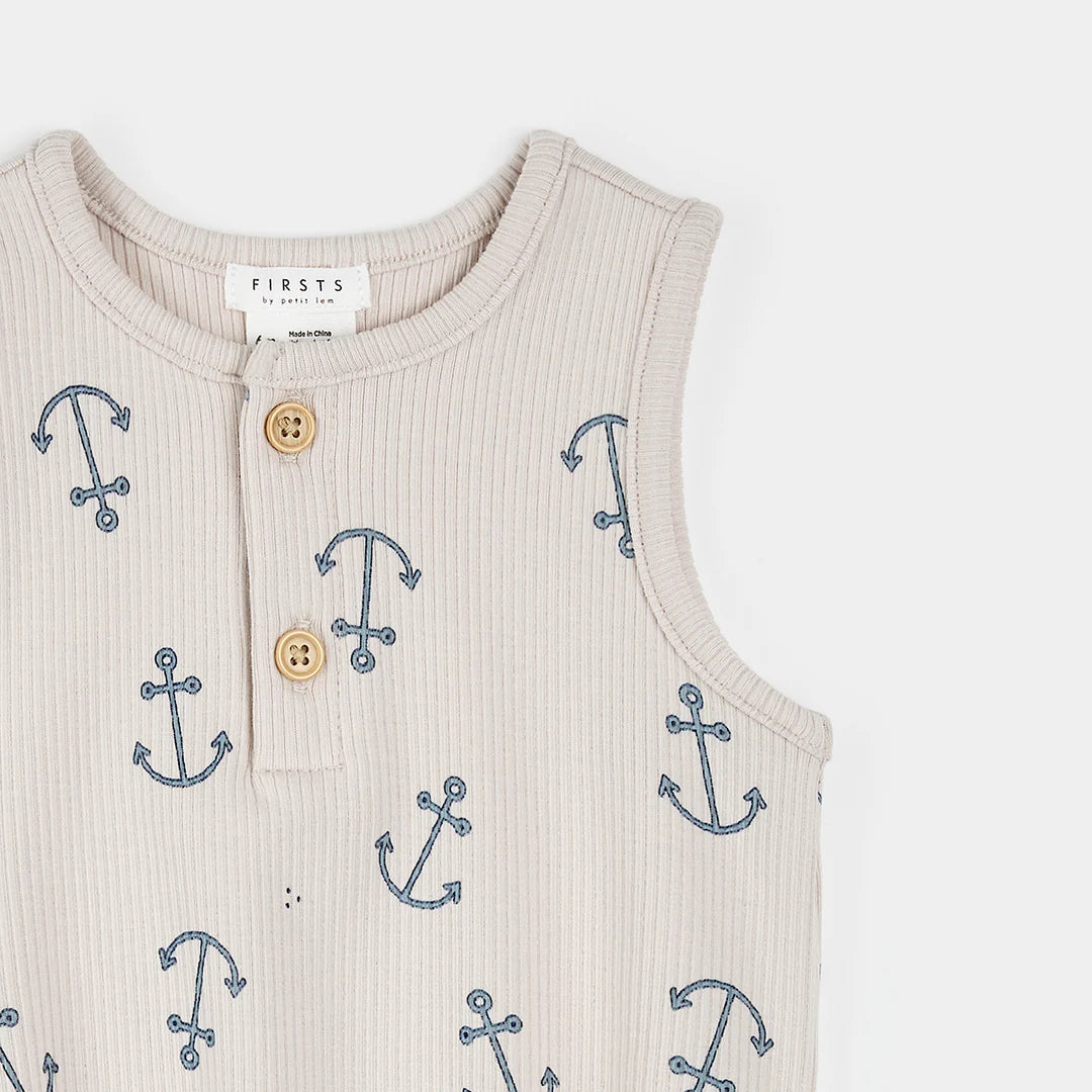 Anchors Print on Creme Ribbed Romper