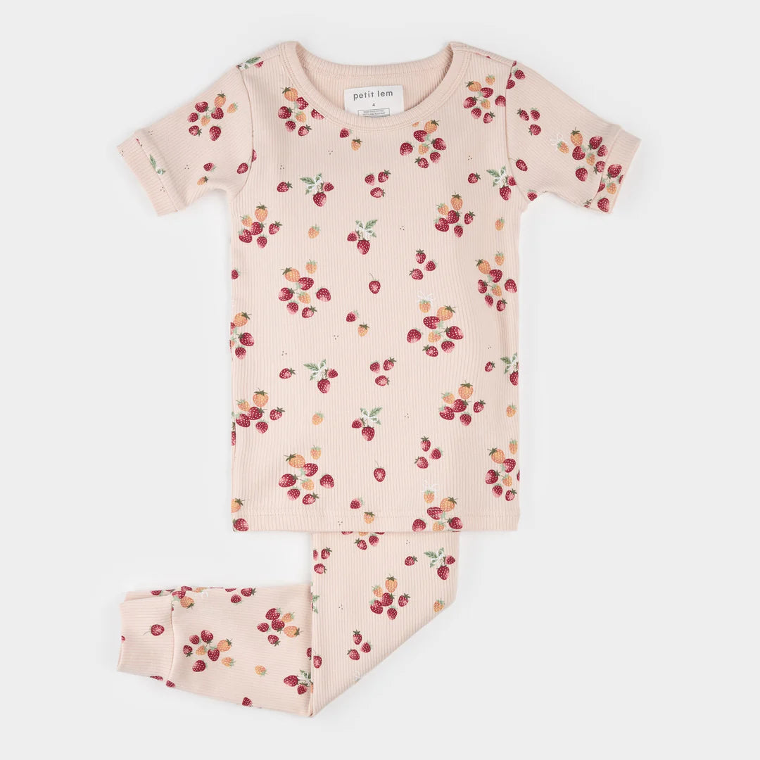 Strawberry Print on Soft Pink Ribbed PJ Set