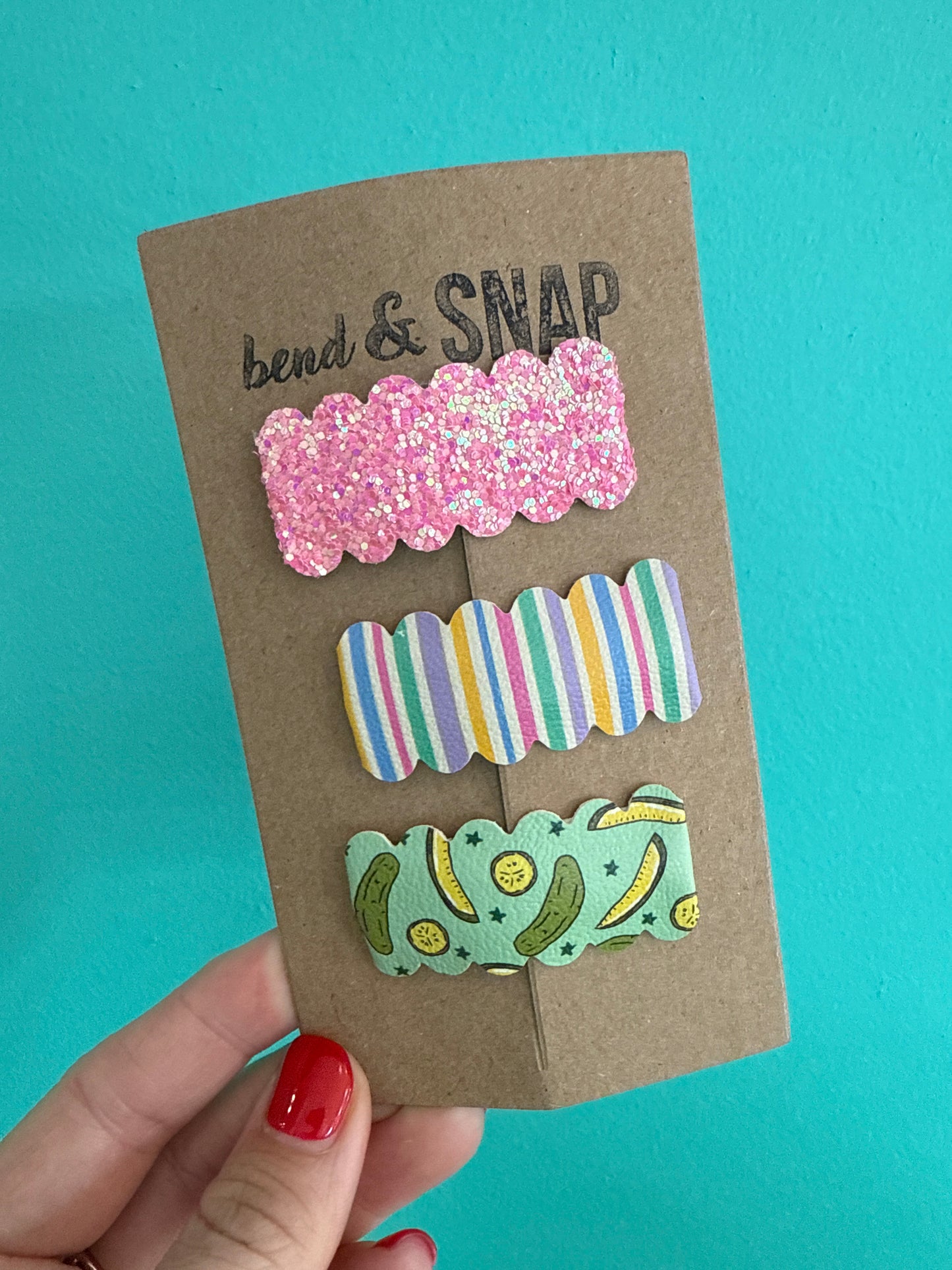 Glitter Pink-Stripes-Pickles Snap Clips 3 Pack