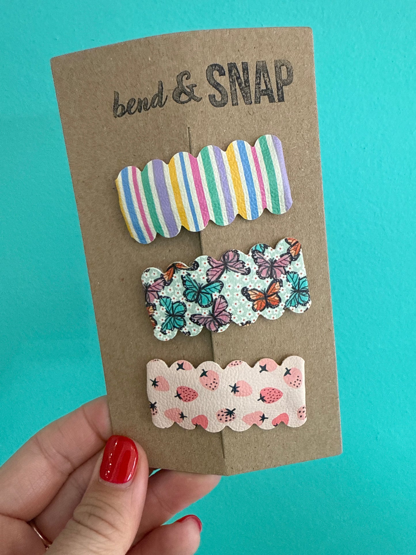 Stripes-Butterflies-Strawberries Snap Clips 3 Pack