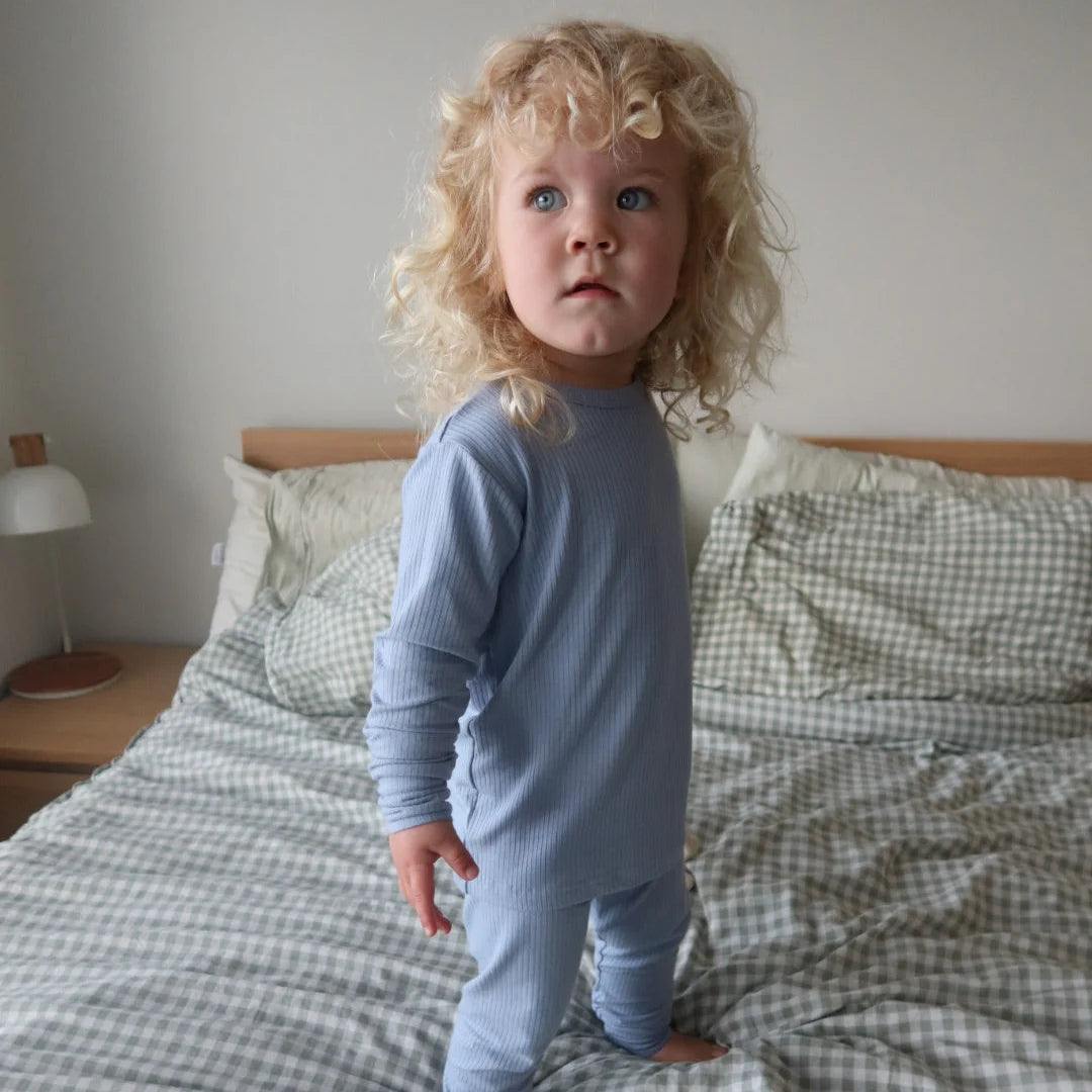 Dusty Blue Ribbed Two-Piece PJs