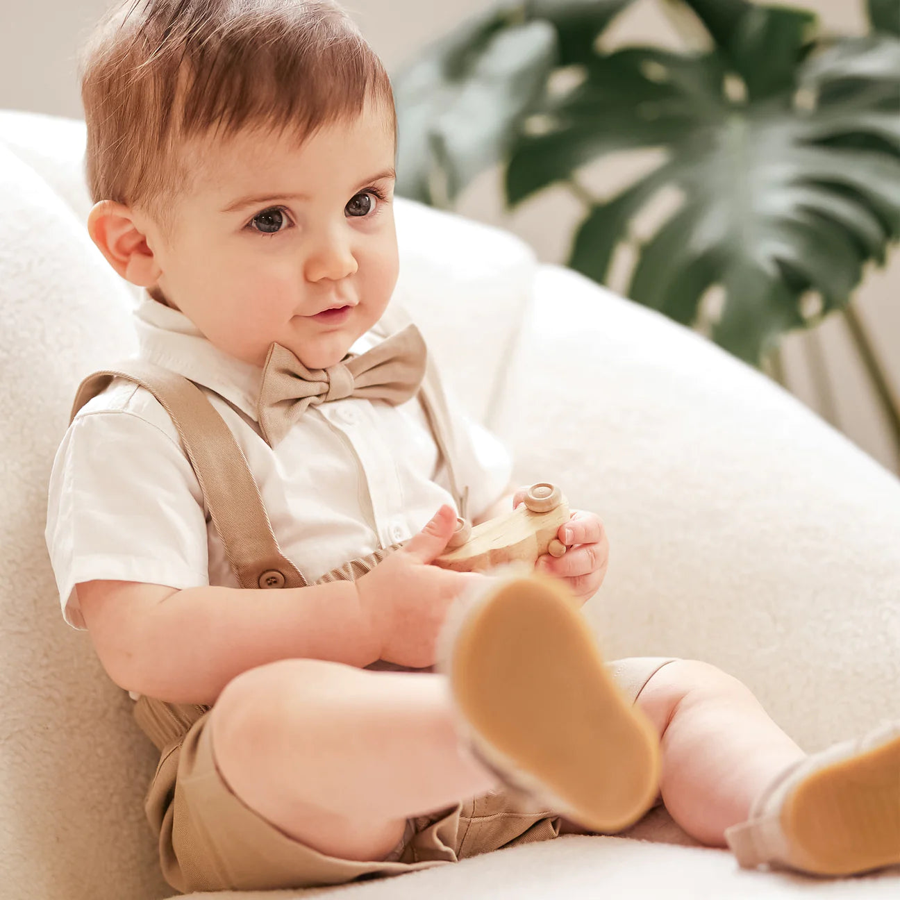 Poplin Shirt & Suspender Shorts Set with Bowtie