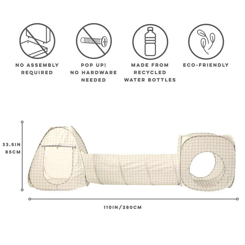 Gingham Beige Fabric 3-in-1 Play Tent & Tunnel Set