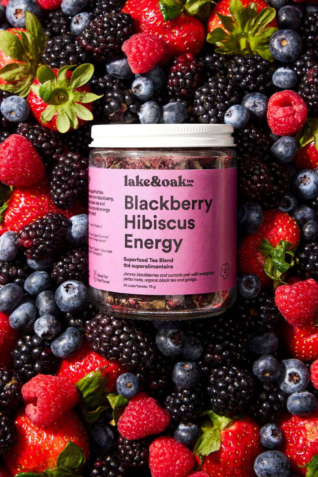 Blackberry Hibiscus Energy - Superfood Tea Blend: Glass Jar - 24 Cups