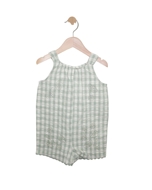 Baby Chambray Green Check Short Romper