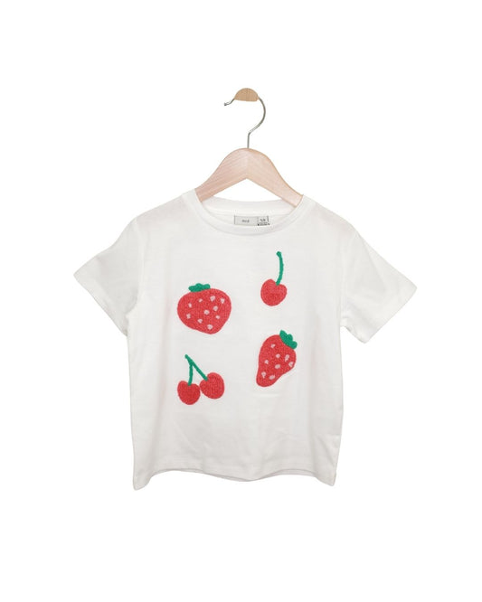 Kids White Strawberry & Cherry Embroidered Tee