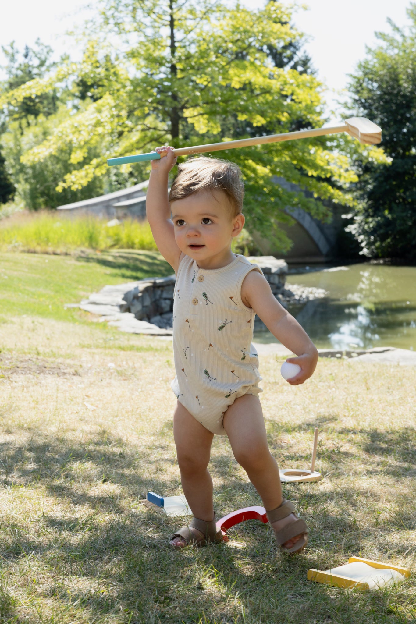 Golf Caddy Print on Sand Ribbed Bubble Romper