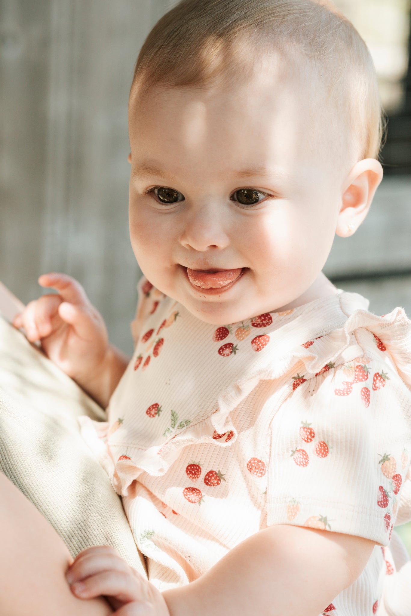 Strawberry Print on Soft Pink Ribbed Bubble Romper