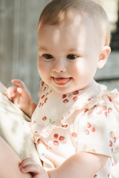 Strawberry Print on Soft Pink Ribbed Bubble Romper