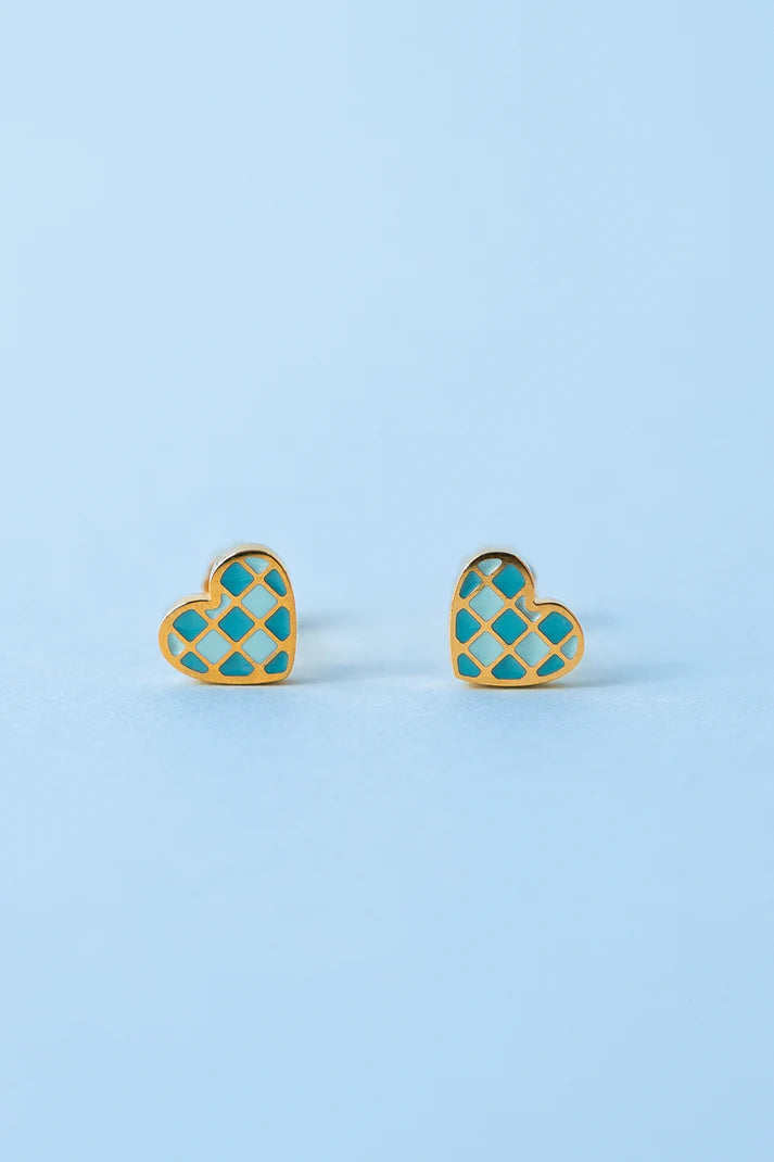 Checkered Blue Heart Studs