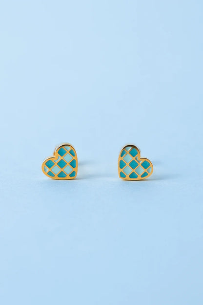 Checkered Blue Heart Studs
