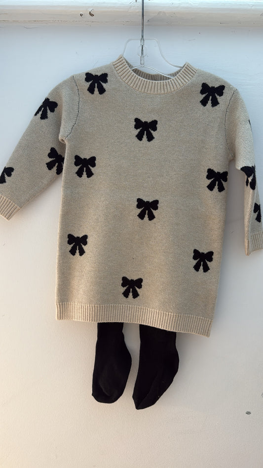 Oatmeal Bow Dress with Tights