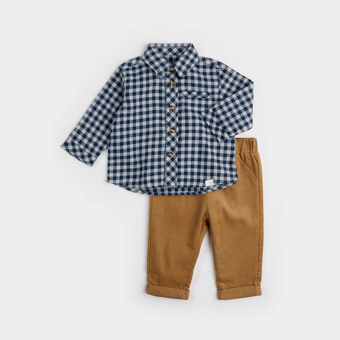 Navy Plaid Twill Shirt Set with Corduroys