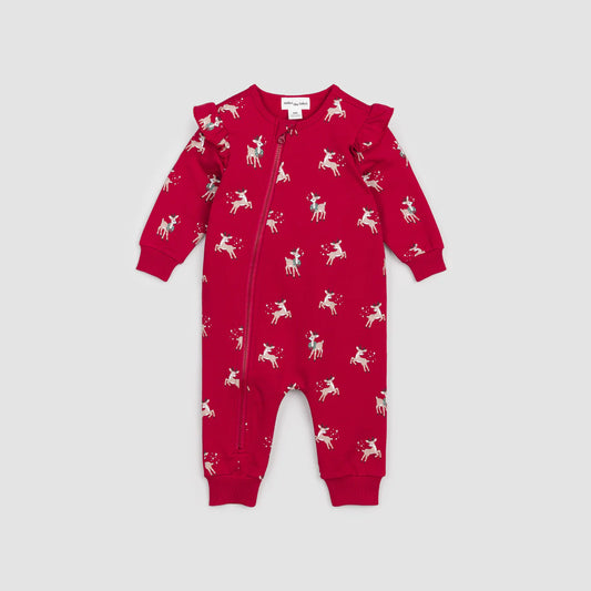 Oh Reindeer Print on Jolly Red Ruffled Playsuit