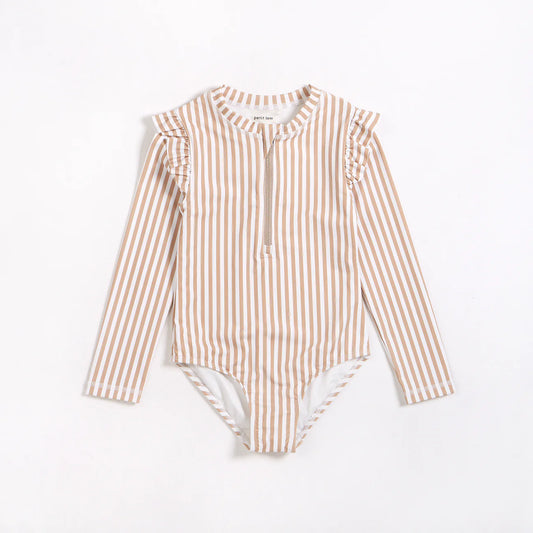 Taupe Stripe Long Sleeve Onepiece Swimsuit