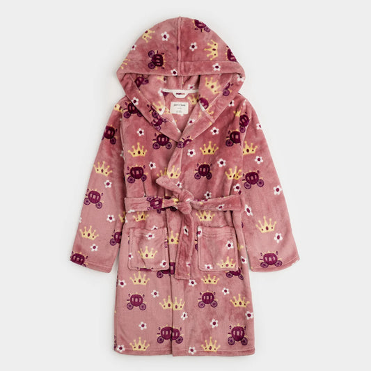 Princess Print on Rose Coral Plush Hooded Robe