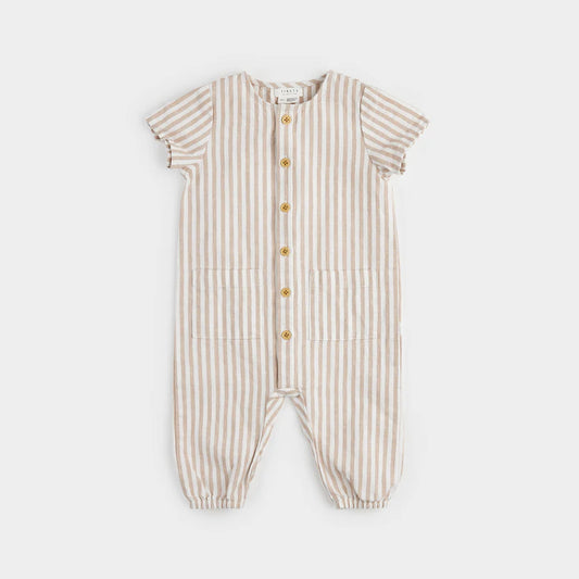 Taupe Yarn-Dyed Cross Hatch Linen Playsuit