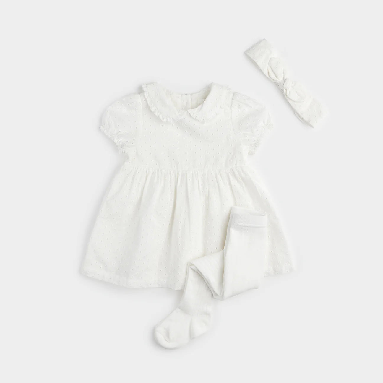 Baby White Eyelet Dress and Tights Set (3 pc)