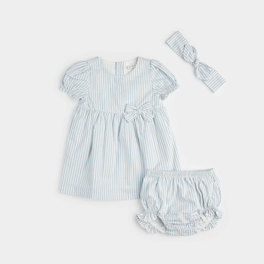 Baby Celestial Blue Yarn-Dyed Striped Woven Dress Set (3 pc)