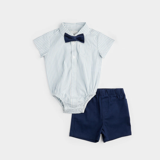 Celestial Blue Yarn-Dyed Striped Poplin Shirt,Shorts Set with Bowtie