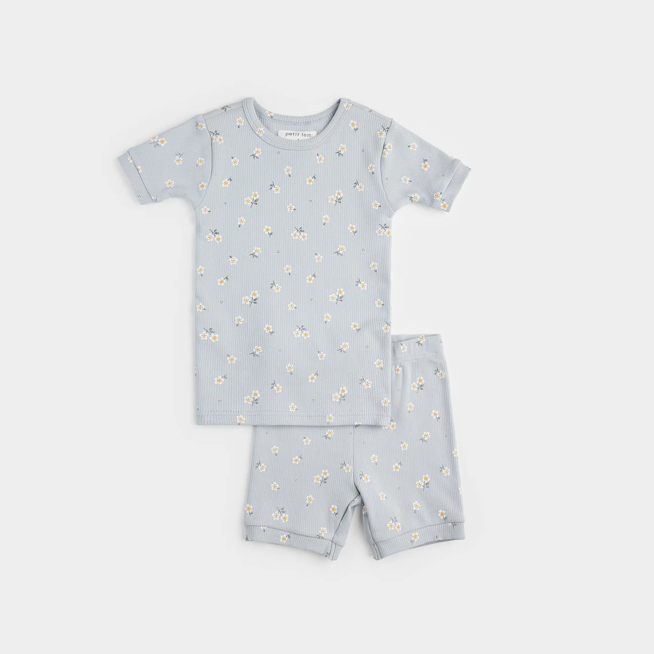 Daisy Print on Ribbed Pearl Blue Short PJ's