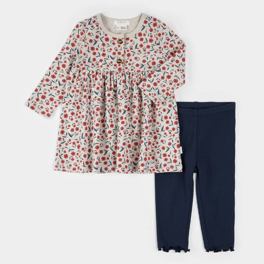 Floral Poppy Print Ribbed Dress Set