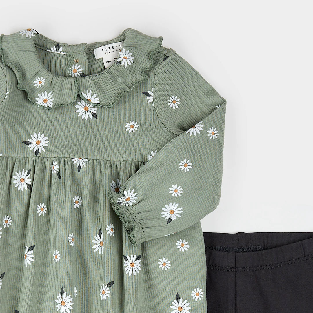 Daisy Print on Sage Green Ribbed Dress Set