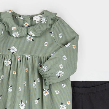 Daisy Print on Sage Green Ribbed Dress Set