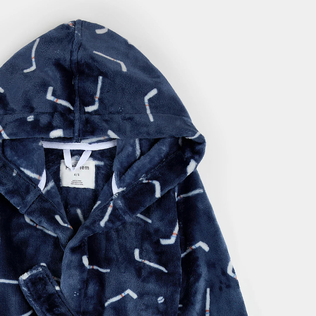 Hockey Sticks Print on Navy Blue Plush Robe