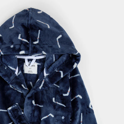 Hockey Sticks Print on Navy Blue Plush Robe