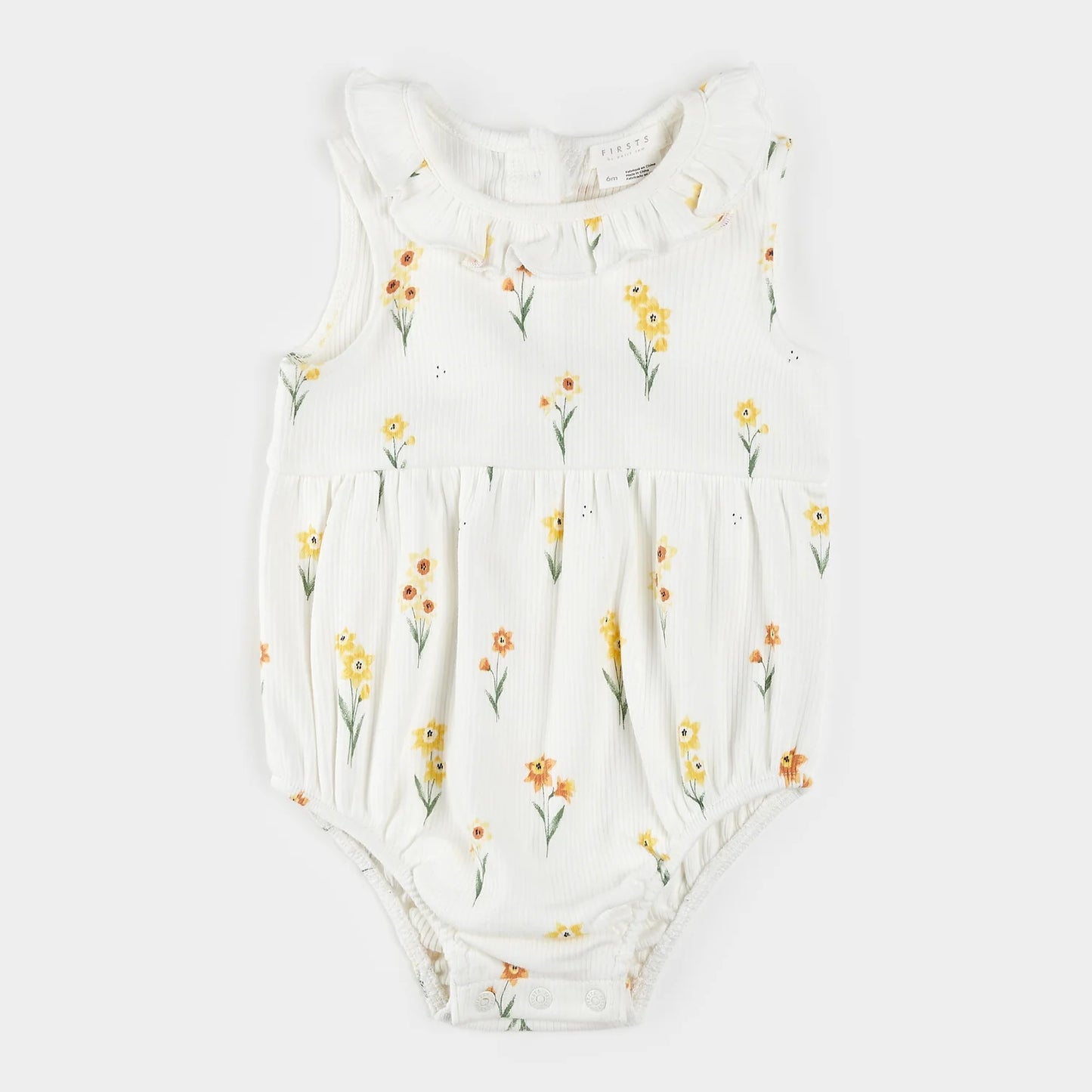 Daffodil Print on Ribbed Off-White Romper