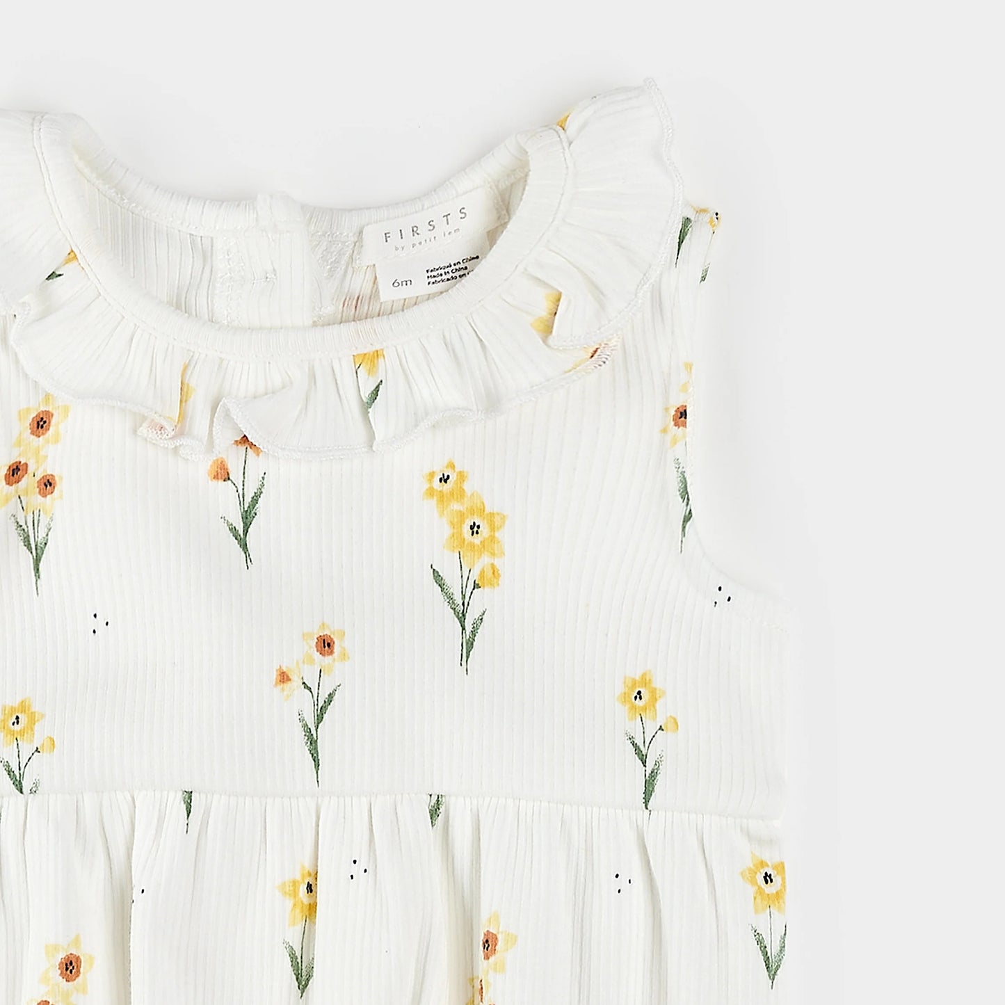 Daffodil Print on Ribbed Off-White Romper