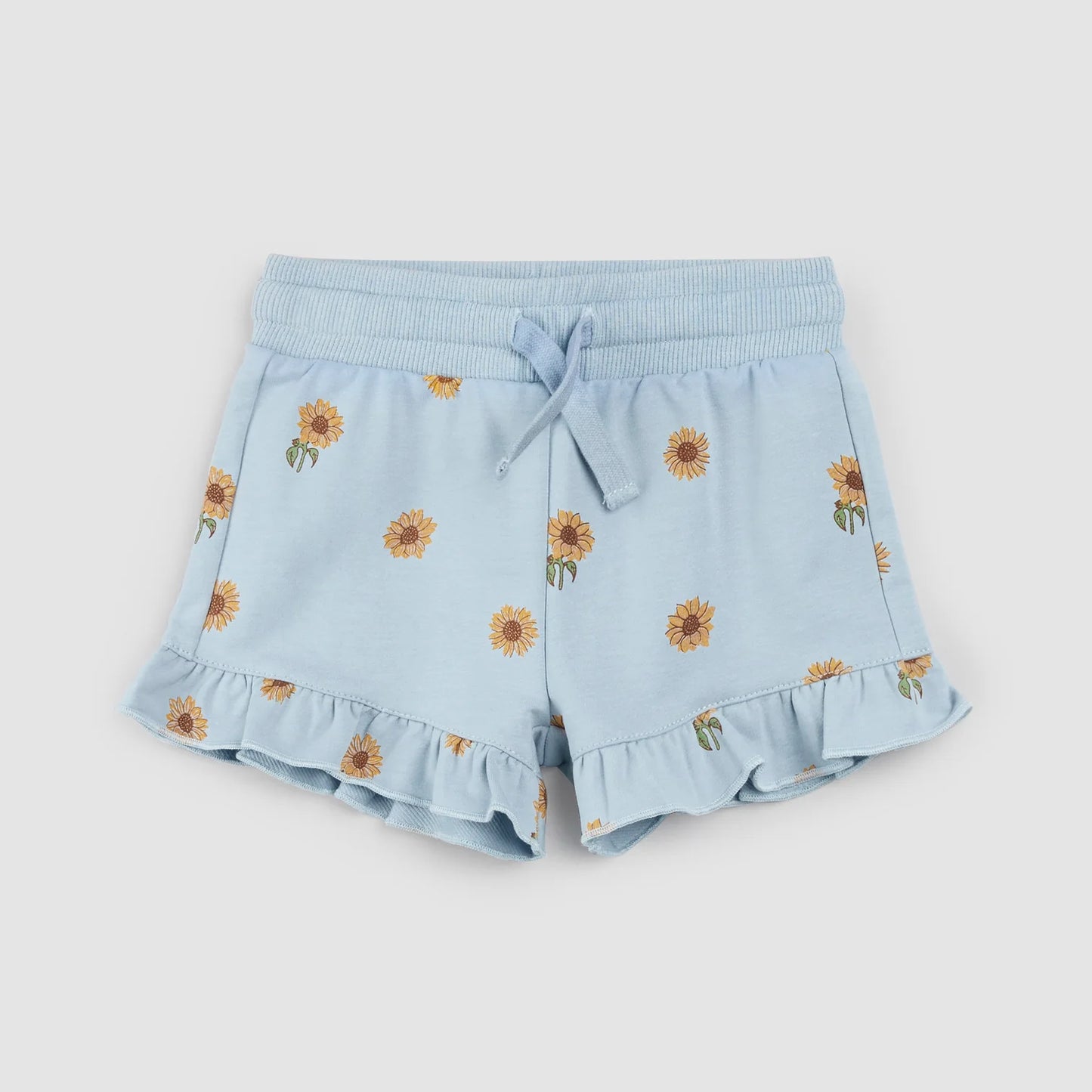 Kids Sunflower Print on Celestial Blue Ruffled Shorts