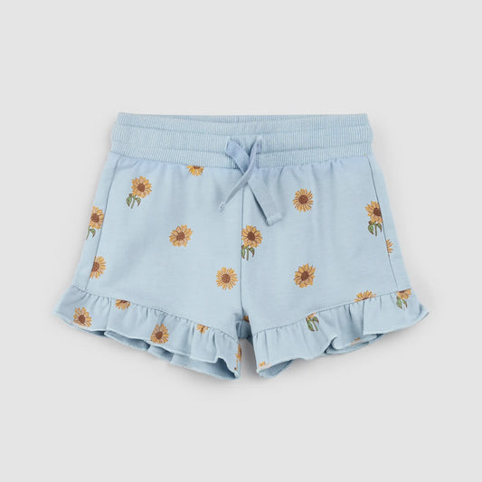 Kids Sunflower Print on Celestial Blue Ruffled Shorts