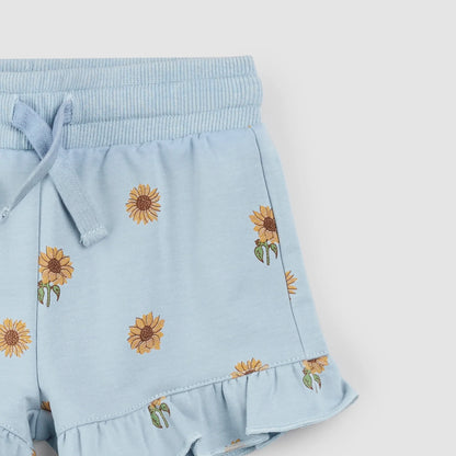 Kids Sunflower Print on Celestial Blue Ruffled Shorts