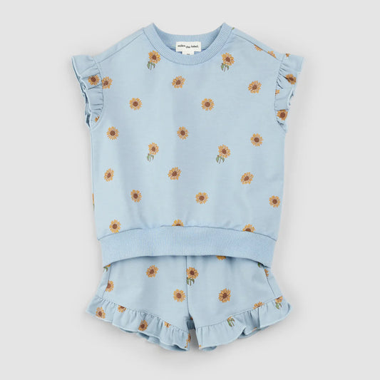 Baby Sunflower Print on Celestial Blue Shorts Set