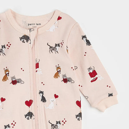 Meowentine Print on Silver Peony Footed Sleeper