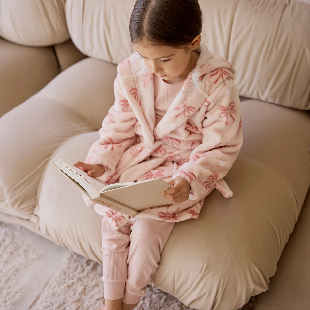 Ribbon Print on Misty Pink Plush Robe
