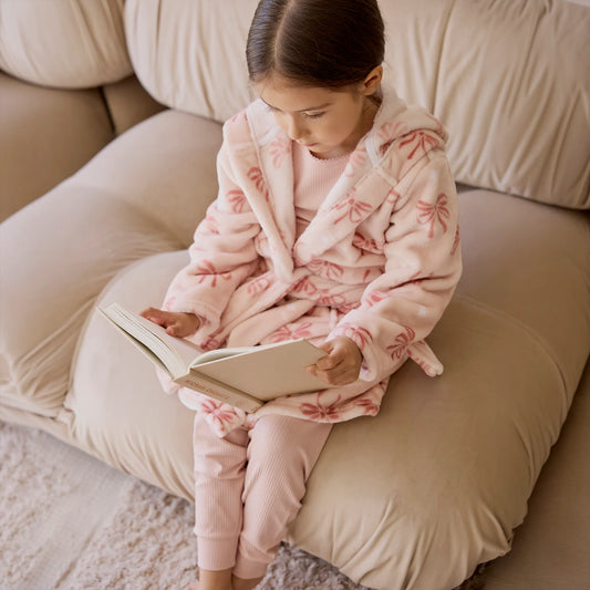 Ribbon Print on Misty Pink Plush Robe