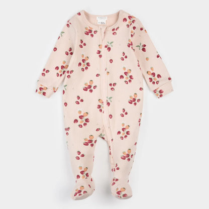 Strawberry Print on Soft Pink Ribbed Sleeper